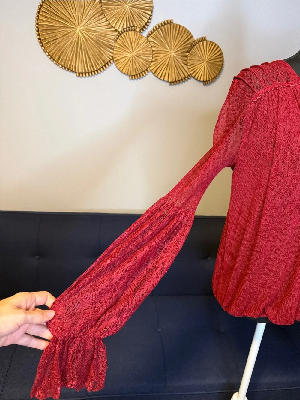 FP Womens Sheer Burgundy Red Lace Blouse Bow tie layered V-Neck Long Bell Sleeve